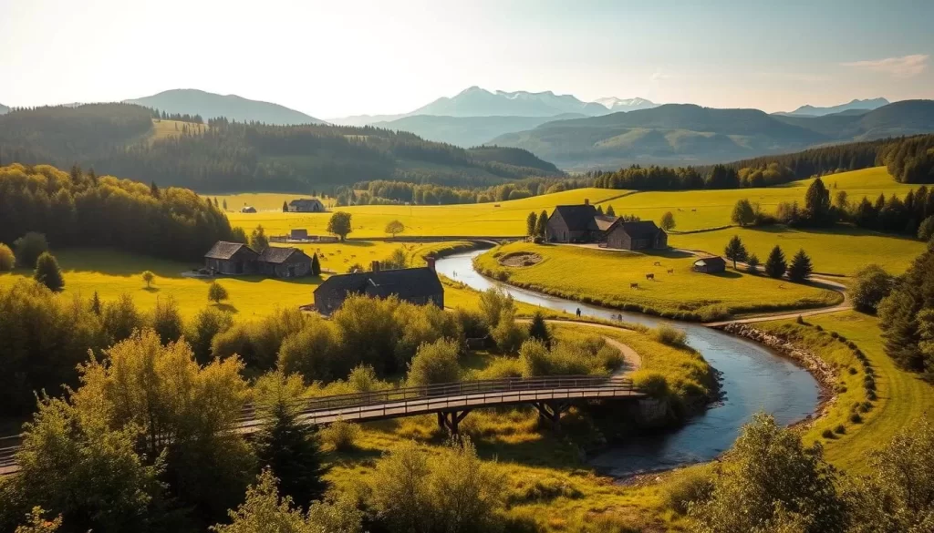 An expansive, verdant Ardennes landscape on a sunny day. In the foreground, a winding river with a wooden footbridge crossing it, surrounded by lush, rolling hills and dense forests. In the middle ground, traditional stone farmhouses and barns dot the countryside, their rustic charm complemented by the presence of grazing livestock. The background features the majestic silhouettes of distant mountains, their peaks capped with a dusting of snow. Warm, golden light filters through the scene, casting a soft, dreamlike glow over the entire composition. The overall atmosphere is one of tranquility, natural beauty, and the timeless charm of the Ardennes region.