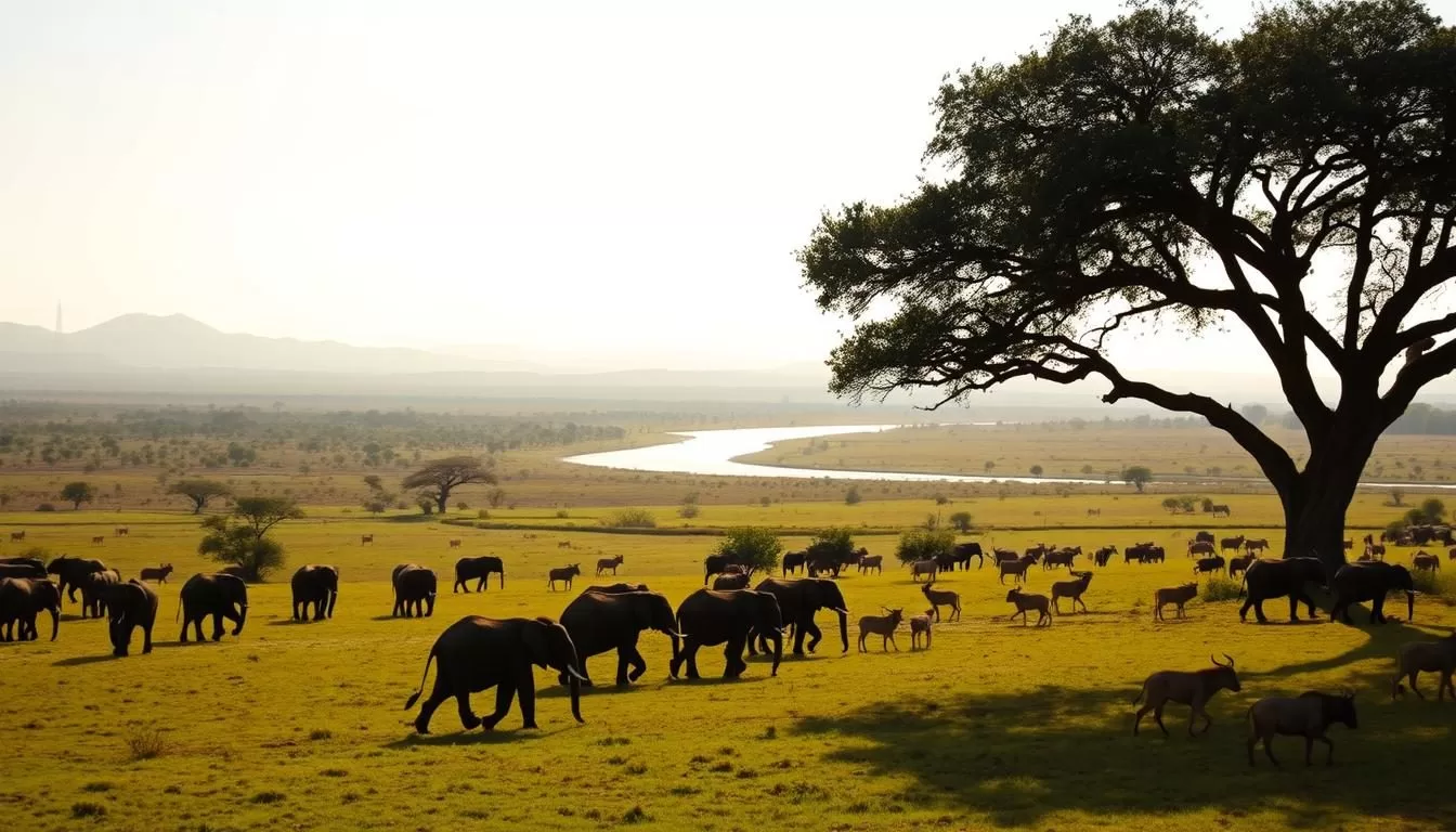 An expansive vista of Mikumi National Park, Tanzania, teeming with diverse wildlife. In the foreground, a herd of majestic elephants roams across the lush, verdant savanna, their massive forms casting long shadows in the warm, golden light. Closer, a pride of lions lounges beneath the shade of a sprawling acacia tree, their regal expressions betraying their lethal power. In the middle ground, a winding river glimmers, its banks dotted with grazing zebras and wildebeests. The distant horizon is framed by the rugged, rolling hills of the park, shrouded in a soft, hazy blue. The scene exudes a sense of peaceful coexistence, capturing the natural splendor and ecological balance of this magnificent East African wilderness.