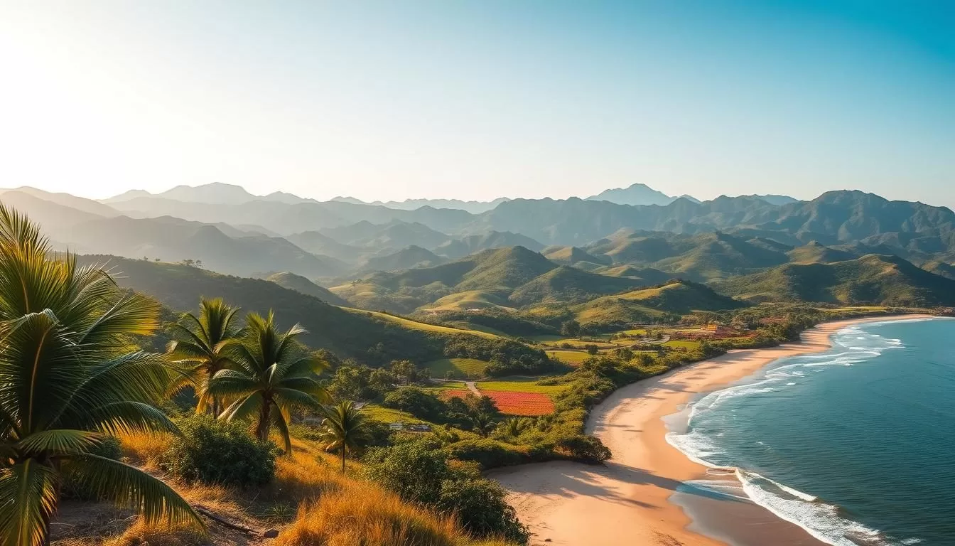 An expansive vista of Pingtung County's lush natural attractions unfolds before the viewer. In the foreground, a serene coastal scene featuring swaying palm trees, golden sand, and the gentle lapping of waves against the shore. In the middle ground, rolling green hills dotted with vibrant flora and the occasional winding path invite exploration. The background showcases the dramatic silhouettes of majestic mountains, their peaks reaching towards a bright, azure sky. The scene is illuminated by warm, natural sunlight, creating a tranquil and inviting atmosphere. Capture the beauty, tranquility, and diversity of Pingtung County's top attractions in a single, breathtaking landscape.