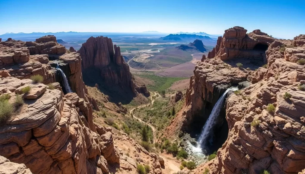 An expansive vista of rugged, sun-dappled hiking trails winding through the dramatic landscape of Augrabies Falls National Park, South Africa. Towering rock formations and cascading waterfalls frame the foreground, while the middle ground reveals lush vegetation and a meandering trail inviting exploration. The background showcases the park's breathtaking scale, with distant mountains and a vibrant blue sky overhead. Capture the park's majestic beauty with natural lighting, a wide-angle lens, and a sense of depth and grandeur that evokes the thrill of hiking through this pristine wilderness.