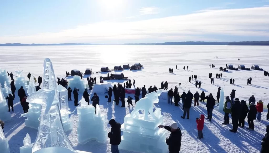 An expansive winter wonderland unfolds on the frozen shores of Lake Champlain, as the annual Ice Festival comes to life. In the foreground, intricate ice sculptures glisten under the crisp, sunlit sky, their delicate forms carved with meticulous precision. Families and friends gather around, admiring the artistry and capturing the magical moments with their cameras. In the middle ground, a bustling marketplace showcases local crafts and warm refreshments, creating a lively atmosphere amidst the serene, snow-blanketed landscape. The distant shoreline is dotted with ice shanties, where anglers brave the cold in pursuit of their catch, their silhouettes reflected in the mirror-like surface of the frozen lake. A sense of adventure and community pervades the scene, inviting visitors to immerse themselves in the unique winter traditions of this idyllic Vermont destination.