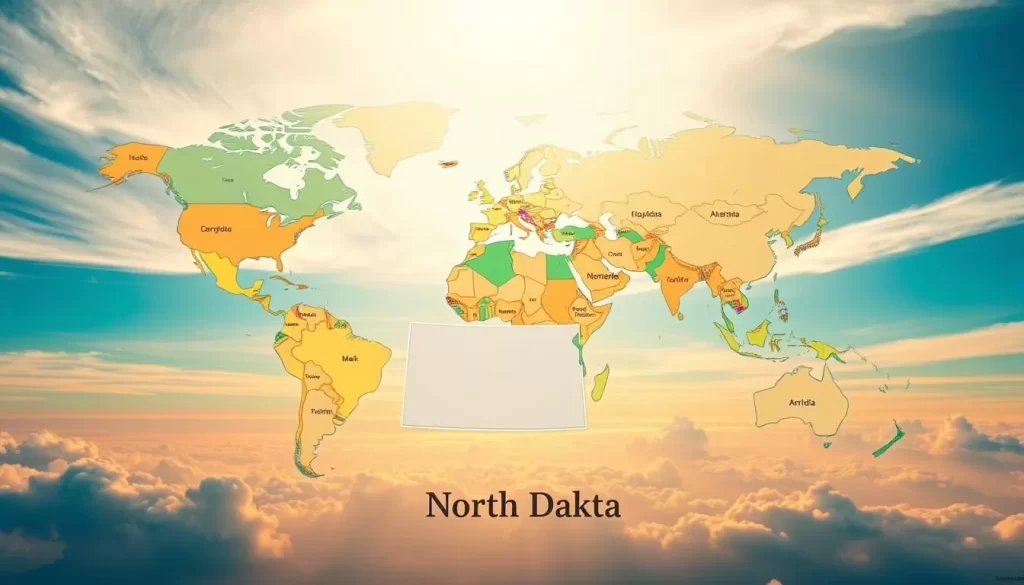 An expansive world map, meticulously detailed, floats against a serene sky bathed in soft, warm light. Distinct regions are colored to illustrate the distribution of prominent languages, creating a vibrant tapestry of linguistic diversity. In the foreground, North Dakota stands out, its borders delineated with precision. The map's design seamlessly integrates typography, using clear and legible fonts to label the state and highlight its official and widely spoken languages. The overall composition conveys a sense of harmonious coexistence, inviting the viewer to explore the linguistic richness of this corner of the United States.