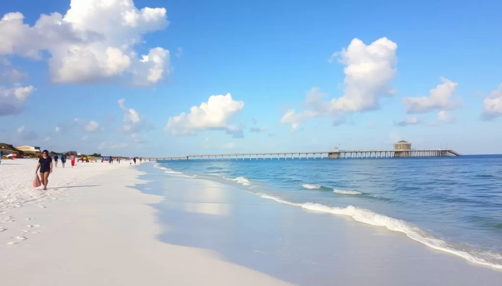 An idyllic Gulf Shores beach on a sunny day, with soft white sand, gentle waves lapping at the shore, and a clear turquoise sky dotted with fluffy clouds. In the foreground, beachgoers stroll along the water's edge, enjoying the warm, salty air. The middle ground features vibrant beach umbrellas and colorful towels, while in the distance, the iconic Gulf State Park Pier stretches out into the calm waters. The scene is bathed in warm, golden light, creating a peaceful, serene atmosphere that invites visitors to relax and soak in the natural beauty of this picturesque Alabama coast.