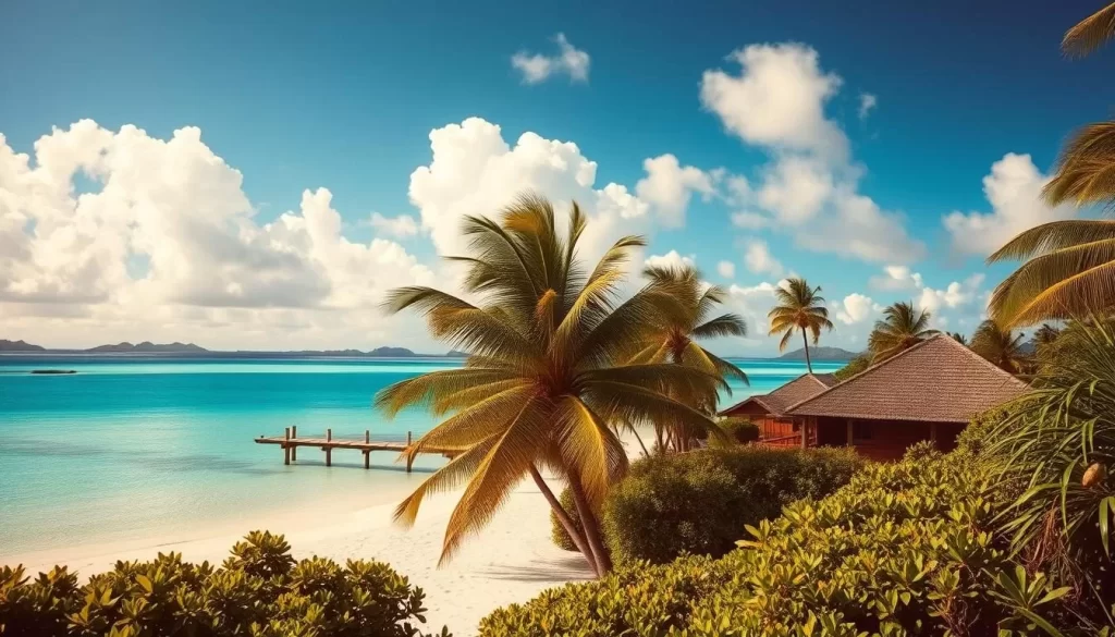 An idyllic Pacific paradise, the Cook Islands bask in a gentle tropical climate. Against a cerulean sky, fluffy cumulus clouds drift lazily, casting dappled shadows across the shimmering turquoise lagoons. In the foreground, swaying palm trees and lush green foliage frame a pristine white-sand beach, inviting visitors to sink their toes into the warm, soft sand. The mid-ground features traditional island architecture, thatched-roof bungalows nestled amidst vibrant flora. Warm, diffused sunlight bathes the entire scene, creating a serene, tranquil atmosphere that encapsulates the essence of the Cook Islands' weather-blessed paradise.