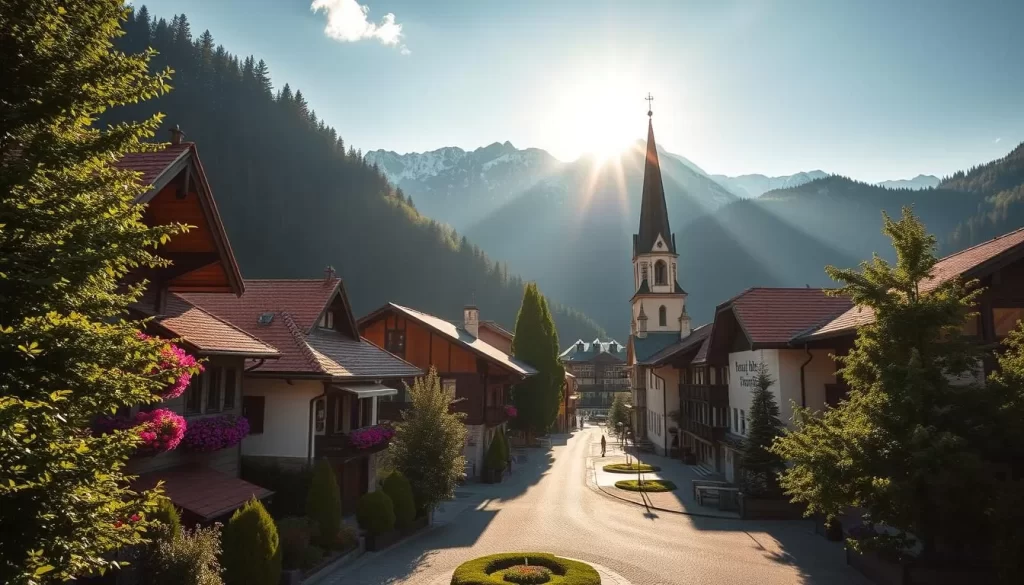 An idyllic alpine village nestled in a verdant valley, Alpbach's traditional wooden chalets with flower-filled balconies line winding cobblestone streets. Sunlight dances across terracotta roofs and illuminates the sparkling church steeple, casting long shadows across the quaint town square. In the background, majestic snow-capped peaks rise majestically, framing the peaceful scene. A gentle breeze rustles the lush foliage, creating a serene and inviting atmosphere. Capture the quintessential charm of this picturesque Austrian village with a cinematic wide-angle lens, showcasing its harmonious blend of natural beauty and well-preserved heritage.