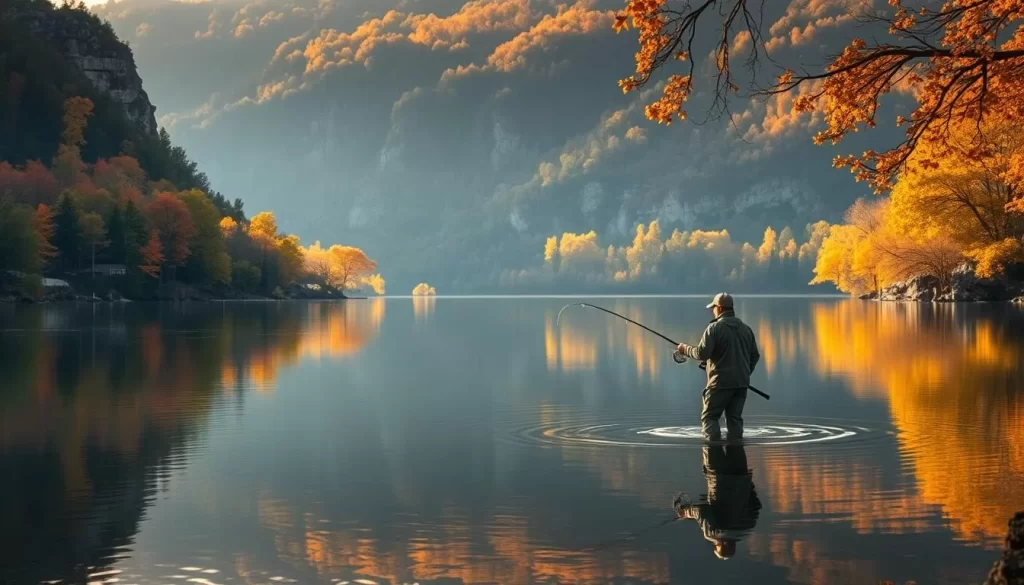 An idyllic autumn scene at Fall Creek Lake, Tennessee. In the foreground, a fisherman wades knee-deep in the tranquil, mirror-like waters, casting his line towards the schools of trout and bass. The middle ground is dotted with vibrant trees in shades of gold, orange, and crimson, their reflections rippling on the surface. In the background, rugged cliffs and lush forests rise up, framing the serene landscape. Soft, warm sunlight filters through the canopy, casting a natural, cinematic glow over the entire scene. The atmosphere is one of peaceful solitude, inviting the viewer to immerse themselves in the beauty of Tennessee's great outdoors.