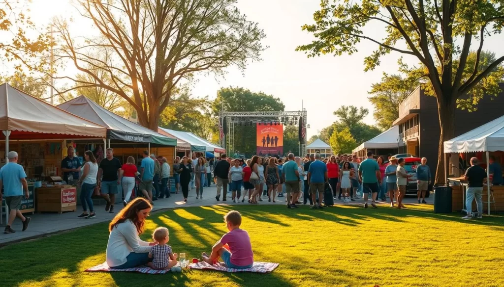 An idyllic festival scene in Indiana, USA. A vibrant crowd strolls through a lively town square, browsing colorful vendor booths offering local crafts, artisanal foods, and lively music. Warm sunlight filters through the trees, casting a golden glow over the festivities. In the foreground, a family enjoys a picnic on the grass, children playing nearby. Beyond, a stage stands ready for an evening concert, its banner fluttering in the gentle breeze. The atmosphere is one of joyful celebration, capturing the spirit of Indiana's rich cultural heritage.