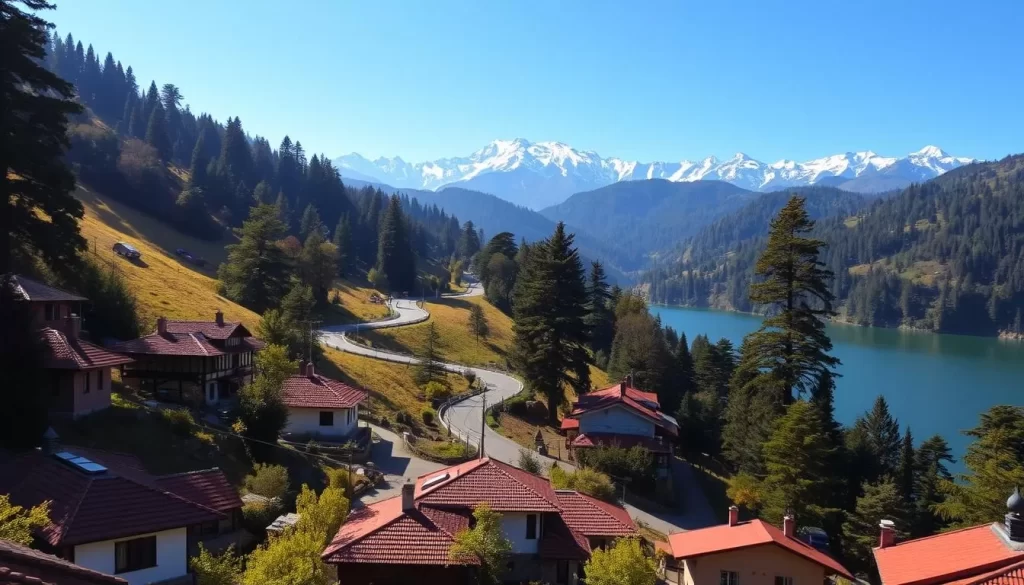 An idyllic hillside town nestled in the lush Himalayan foothills, Lansdowne is a serene retreat from the bustling world. Capture the town's tranquil ambiance with a picturesque landscape, showcasing the serene Naini Lake surrounded by verdant pine forests. In the foreground, quaint colonial-style buildings with red-tiled roofs dot the gentle slopes, bathed in warm, golden sunlight. The middle ground features a winding road leading up the hillside, lined with tall, swaying deodar cedars. In the distance, the majestic Himalayan peaks pierce the azure sky, their snow-capped summits glittering under the clear, crisp daylight. Convey a sense of peace and harmony, inviting the viewer to explore the undiscovered charm of this enchanting hill station.