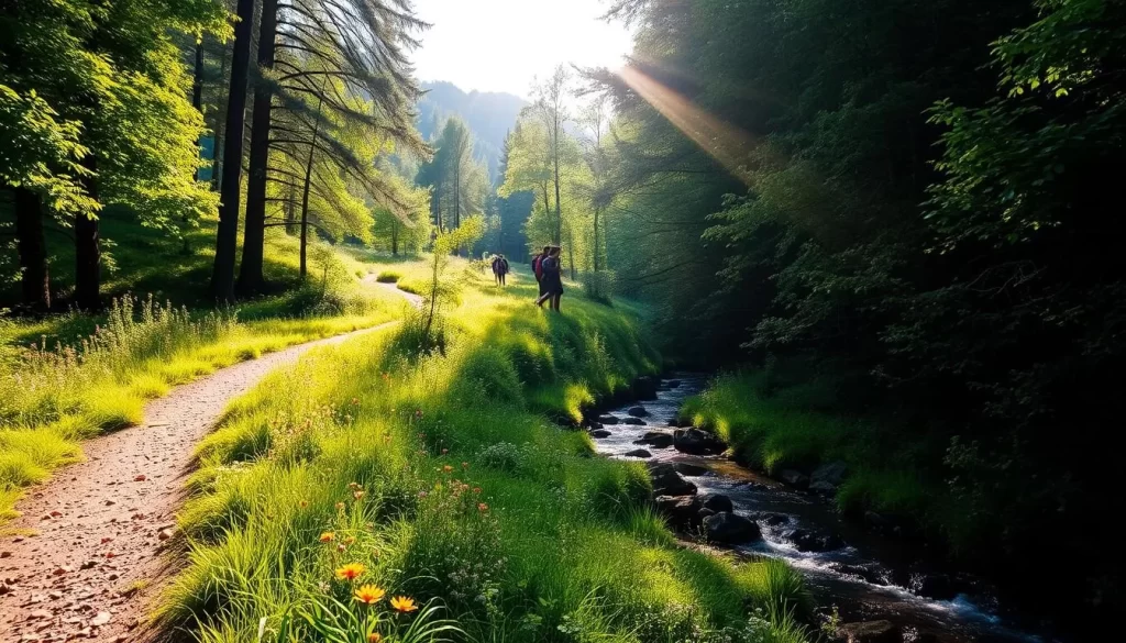 An idyllic nature trail winds through the lush greenery of Nendeln, Liechtenstein. Sunlight filters through the canopy of tall trees, casting a warm, golden glow on the path ahead. Vibrant wildflowers dot the landscape, their petals swaying gently in the soft breeze. The trail meanders alongside a babbling brook, its crystal-clear waters reflecting the surrounding foliage. Hikers stroll leisurely, taking in the serene beauty of this picturesque Liechtenstein landscape. Capture the essence of Nendeln's natural charm with this tranquil, picturesque scene.