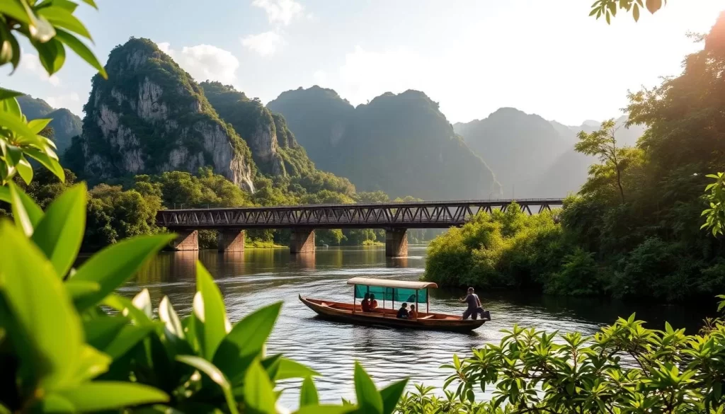 An idyllic scene of Kanchanaburi, Thailand, with the iconic Khmer-style bridge spanning the serene River Kwai. In the foreground, lush tropical foliage frames the view, while in the middle ground, a traditional wooden raft gently drifts downstream. The background features the majestic limestone cliffs and verdant forests that characterize the region, bathed in the warm glow of a sun-dappled afternoon. The composition captures the tranquil beauty and historical significance of this popular tourist destination, inviting the viewer to experience the natural wonders and cultural richness of Kanchanaburi.