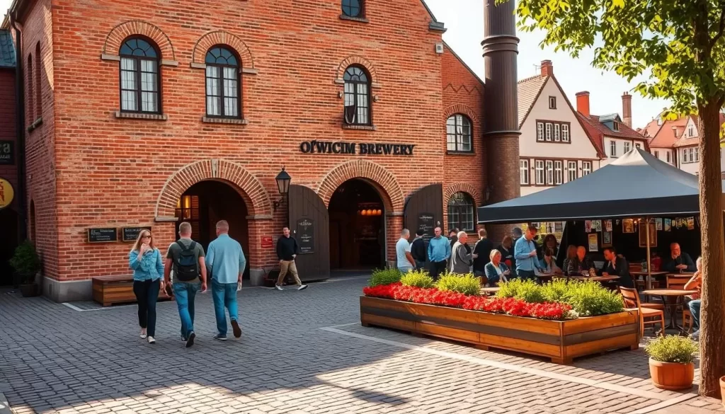 An idyllic scene of the Oświęcim Brewery, a historic beer-making establishment nestled in the charming town of Oświęcim, Poland. The brick facade of the brewery is bathed in warm, golden sunlight, inviting visitors to explore its rich heritage. In the foreground, a group of friends stroll along the cobblestone path, admiring the intricate architectural details and the vibrant flower beds that line the entrance. The middle ground reveals the bustling beer garden, where locals and tourists alike savor the local craft brews and engage in lively conversations. In the background, the town's quaint, centuries-old buildings create a picturesque backdrop, evoking a sense of timelessness and authenticity. The overall scene radiates a welcoming, cozy atmosphere, perfectly capturing the hidden gem that is the Oświęcim Brewery Tour.