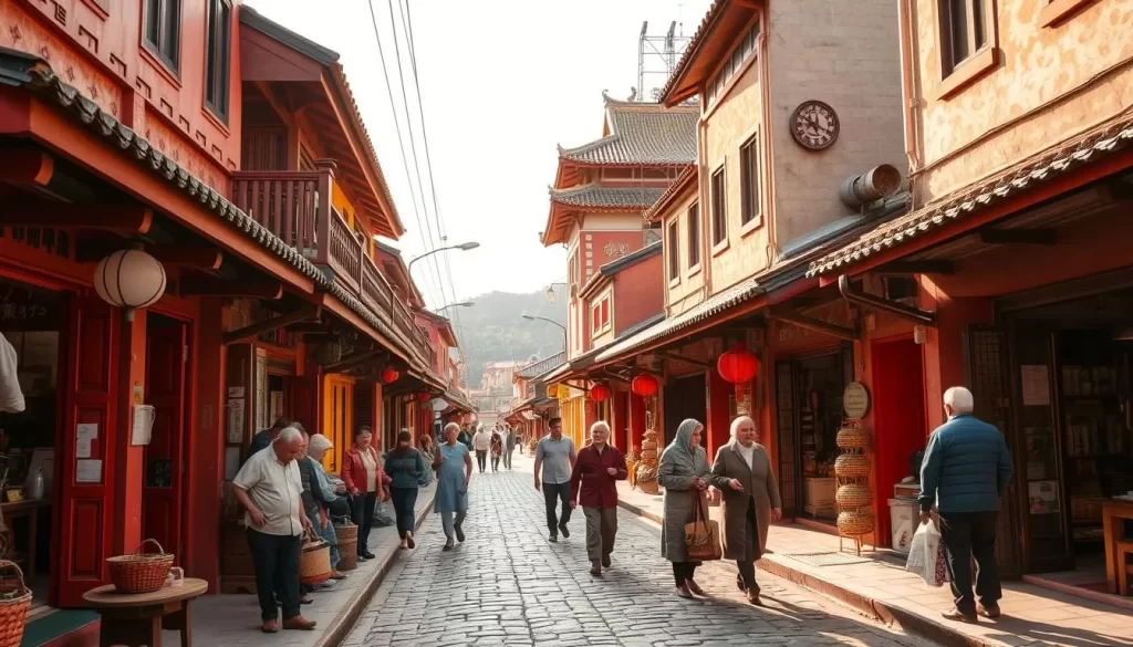 An idyllic street scene in a traditional Taiwanese town, bathed in warm afternoon sunlight. Quaint Hokkien-style shophouses line the cobblestone road, their vibrant red and ochre facades adorned with intricate carvings and signage. Elderly residents converse animatedly in the local Hokkien dialect, carrying woven baskets and chatting with shopkeepers. In the distance, a modest temple stands tall, its ornate roof tiles glinting in the golden light. A sense of community and heritage permeates the tranquil atmosphere, capturing the essence of Taiwanese Hokkien culture.