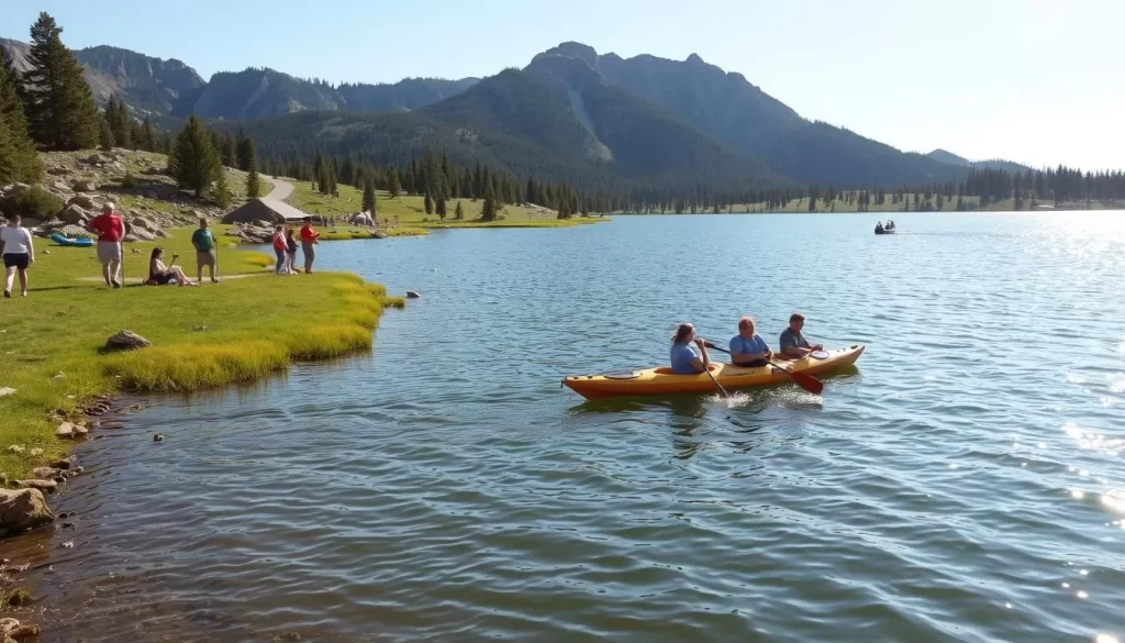 An idyllic summer day at Horsethief Lake, South Dakota. In the foreground, a group of friends kayak across the serene, glistening waters, their paddles dipping in sync. Nearby, families lounge on the grassy shore, children splashing in the shallows. The middle ground reveals hikers traversing a winding trail, their packs and trekking poles catching the warm sunlight. In the background, rugged, pine-cloaked hills rise, their jagged peaks framing the scene. An atmosphere of relaxation and outdoor adventure pervades, inviting visitors to immerse themselves in the natural beauty of the region.