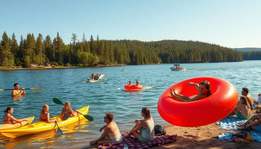 An idyllic summer scene on a Northwoods lake, with people enjoying a variety of water recreation activities. In the foreground, a group of friends paddle leisurely in colorful kayaks, their laughter echoing across the calm, azure waters. Further out, a family swims and plays in the cool, refreshing lake, while a young child rides a bright red inner tube, towed by a motorboat in the middle distance. On the shore, people relax on blankets, tossing a frisbee or reading a book, all bathed in the warm, golden light of the sun. Towering pines and a few scenic hills form the picturesque backdrop, conveying a sense of peaceful seclusion in this idyllic Northwoods setting.