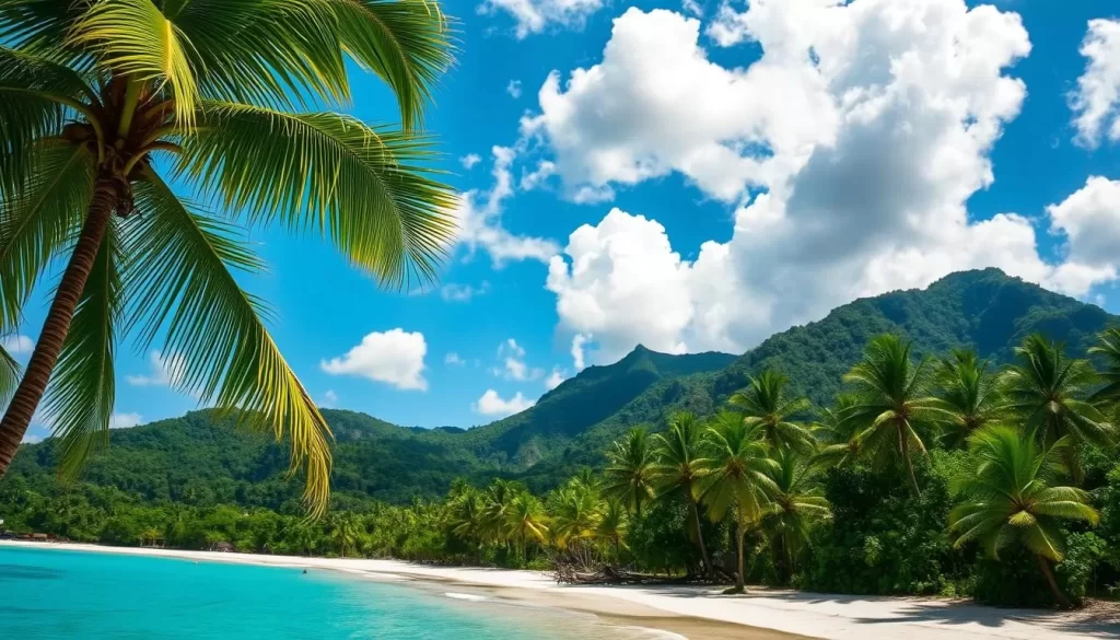 An idyllic tropical landscape in the Andaman Islands, India. Lush palm trees sway gently in a soft breeze, their fronds filtering dappled sunlight. In the foreground, a pristine white-sand beach curves along the shore, lapped by turquoise waters. Puffy cumulus clouds dot the azure sky, casting fleeting shadows on the tranquil sea. Rugged, jungle-clad hills rise in the distance, creating a picturesque backdrop. The warm, humid atmosphere evokes a sense of relaxation and escape. Capture the essence of Andaman's balmy, year-round climate in a serene, photorealistic style.