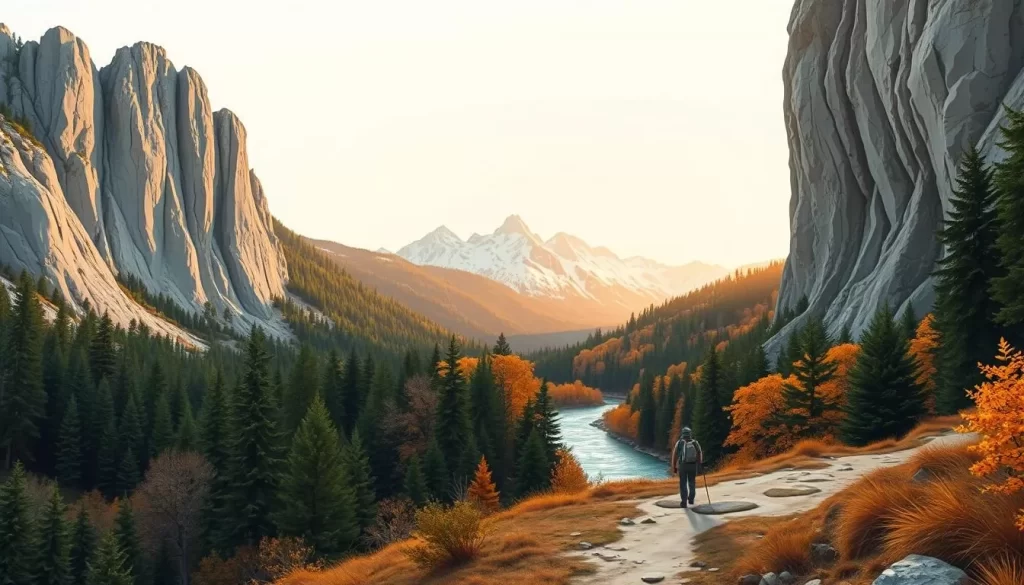 An illustrated Gesäuse National Park travel guide, showcasing the park's majestic landscapes. In the foreground, a hiker navigates a winding trail, surrounded by towering limestone cliffs and dense evergreen forests. The midground features a picturesque mountain river, its crystal-clear waters reflecting the vibrant autumn foliage. In the background, snowcapped peaks rise against a warm, golden sky, bathed in soft, directional lighting. The overall scene exudes a sense of serene adventure, inviting the viewer to explore the natural wonders of this stunning Austrian wilderness.