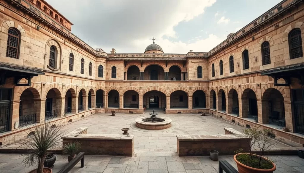 An image of Barutcu Han, a historic caravanserai in Sanliurfa, Turkey, with a large central courtyard.