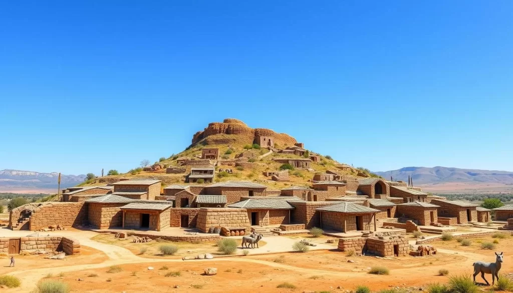 An image of Çatalhöyük archaeological site with ancient houses and artifacts