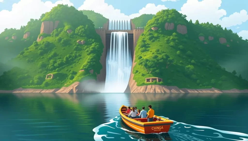 An image of Chinga Dam with a boat ride and the waterfall in the background.