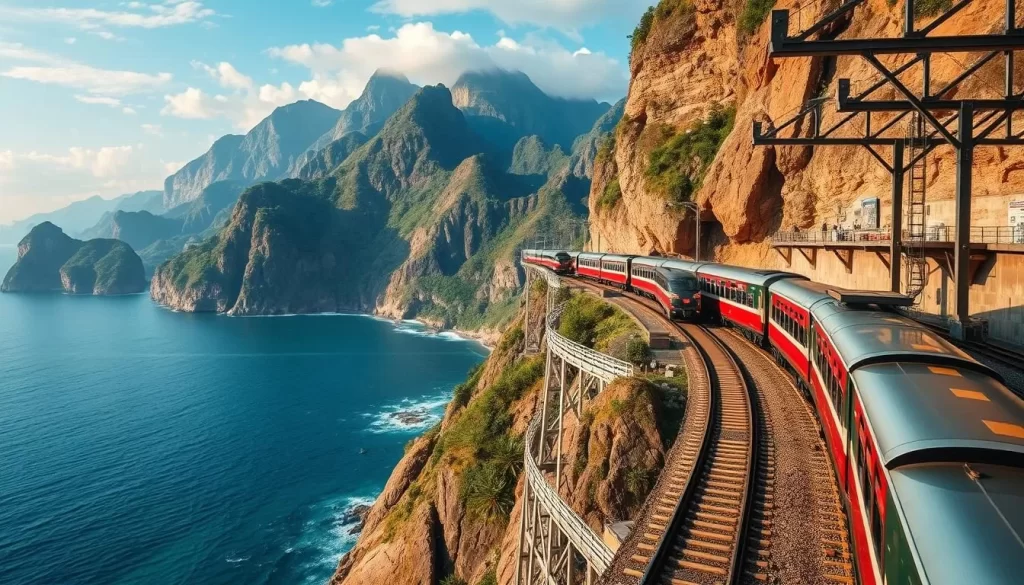 An image of Duoliang Railway Station, with trains passing along the tracks suspended between mountains and sea.