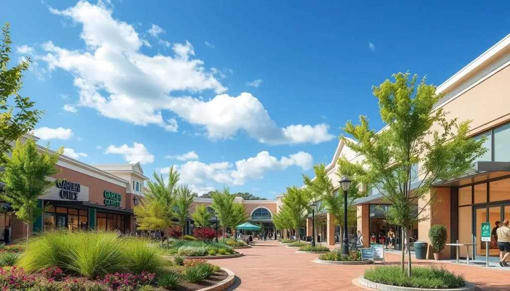An image of Garden City Center in Cranston, RI, showcasing its beautifully landscaped setting and upscale stores.