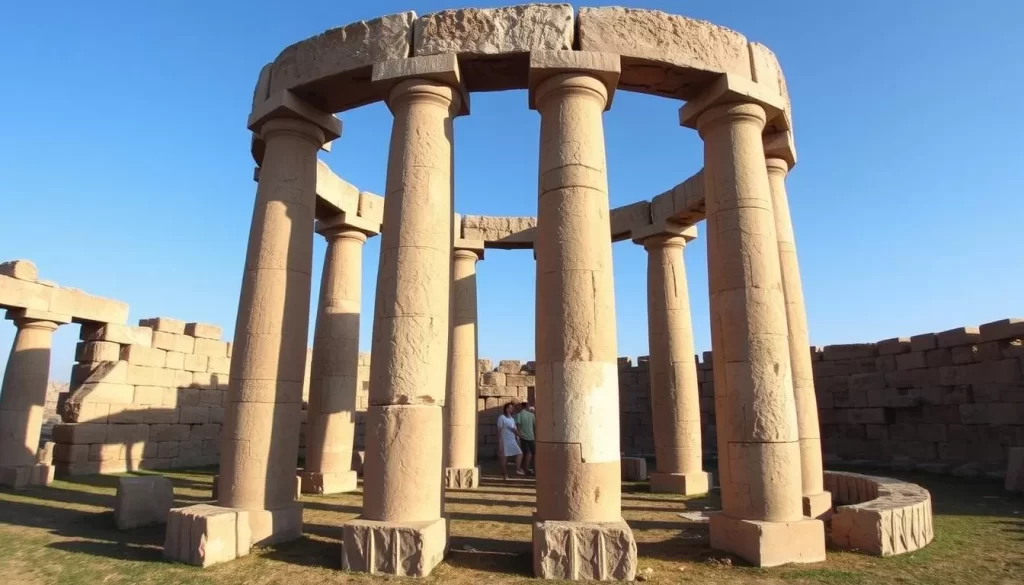 An image of Göbekli Tepe's T-shaped limestone pillars arranged in a circular formation.
