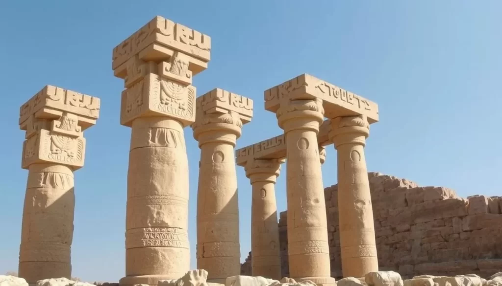 An image of Göbekli Tepe's T-shaped limestone pillars with intricate carvings.