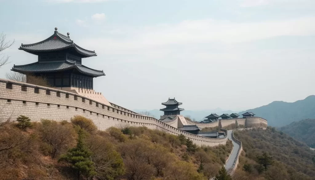 An image of Gongsanseong Fortress in Gongju, South Korea, showcasing its historical walls and architecture.