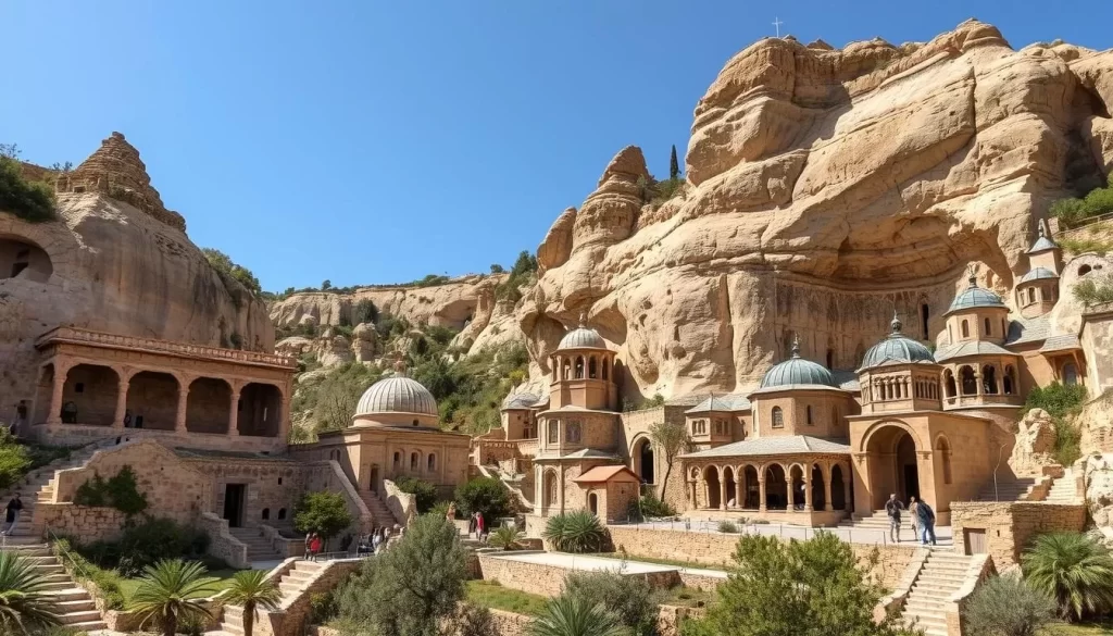 An image of Göreme Open-Air Museum's rock-cut churches and monasteries adorned with frescoes.