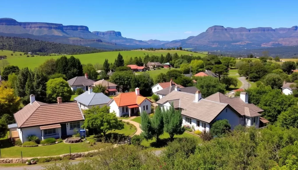 An image of Hogsback village in the Eastern Cape, showcasing its quaint cottages and lush surroundings.