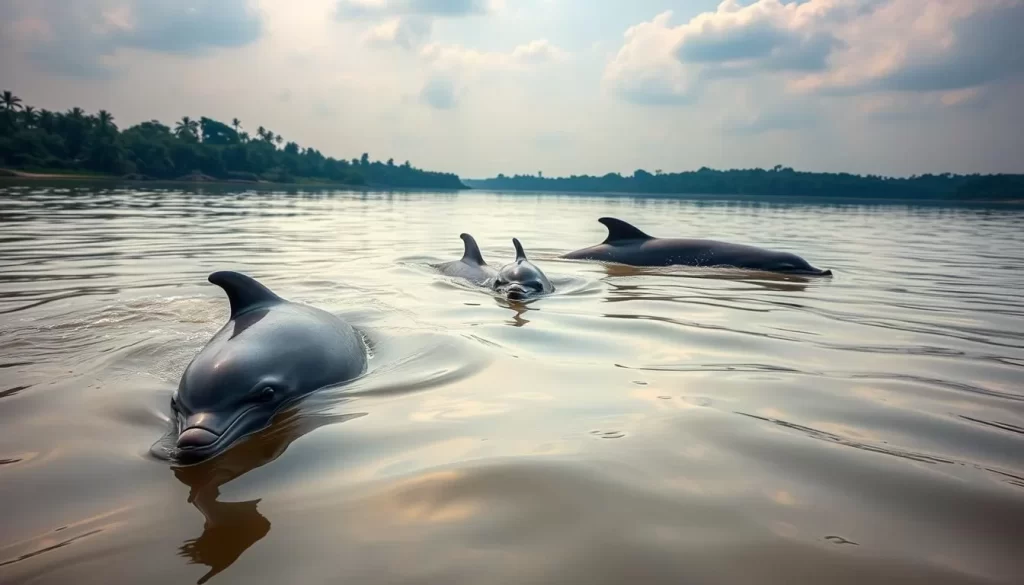 An image of Irrawaddy dolphins in their natural habitat on the Salak River