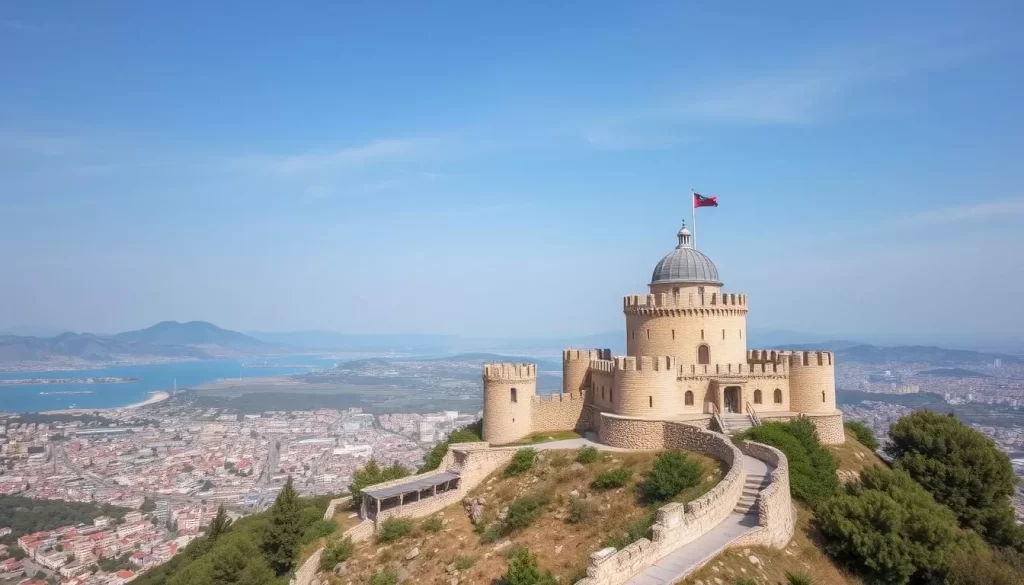 An image of Kadifekale Castle on Pagos Hill, with panoramic views of Izmir.