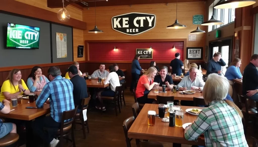 An image of Key City Beer's interior with communal tables and people enjoying their beers and food.