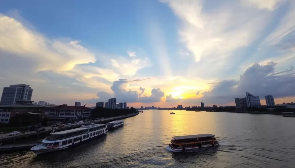 An image of Kuching Waterfront at sunset with a river cruise boat