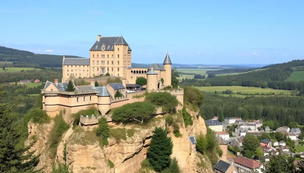 An image of Larochette Castle perched on a sandstone promontory overlooking the town.