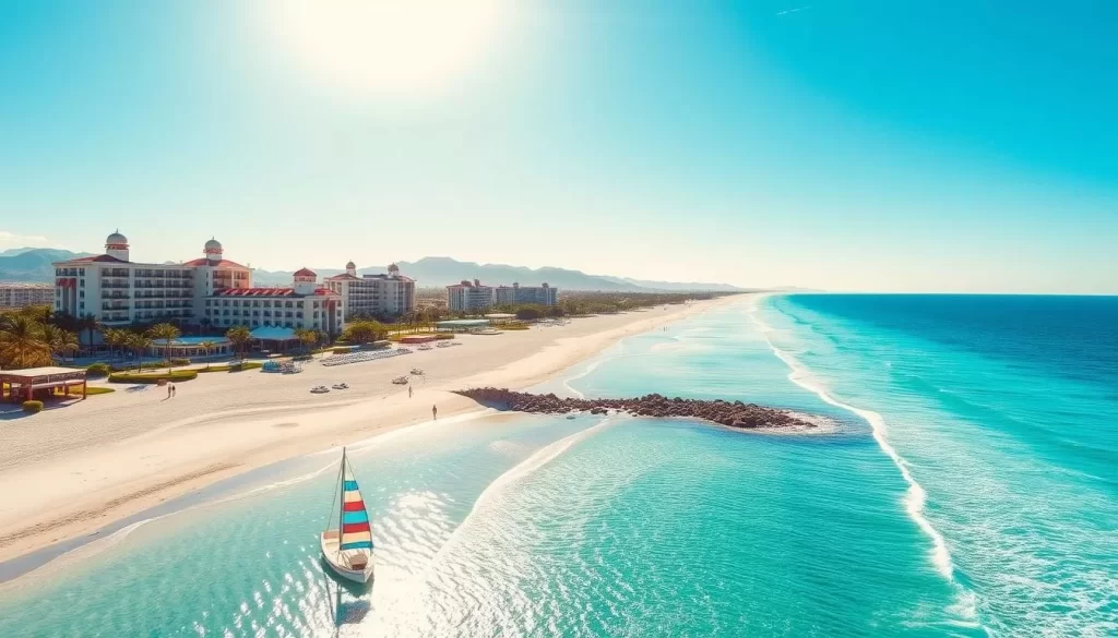 An image of Long Beach with white sand and blue waters, with resorts in the background.
