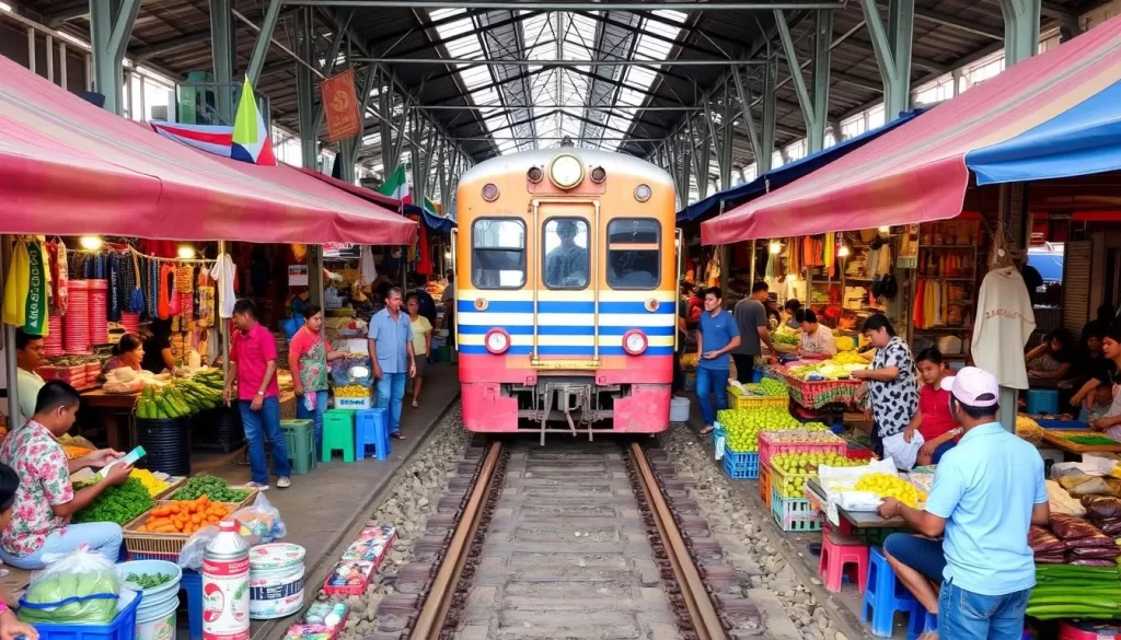 An image of Maeklong Railway Market's vendors preparing for a train to pass through