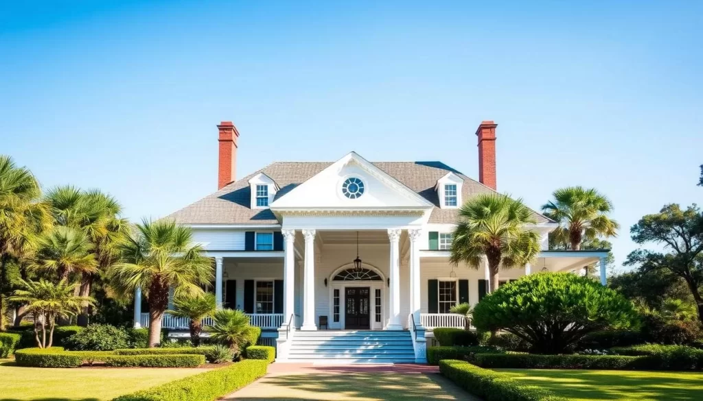 An image of Magnolia Mound Plantation's historic house and its surrounding gardens.