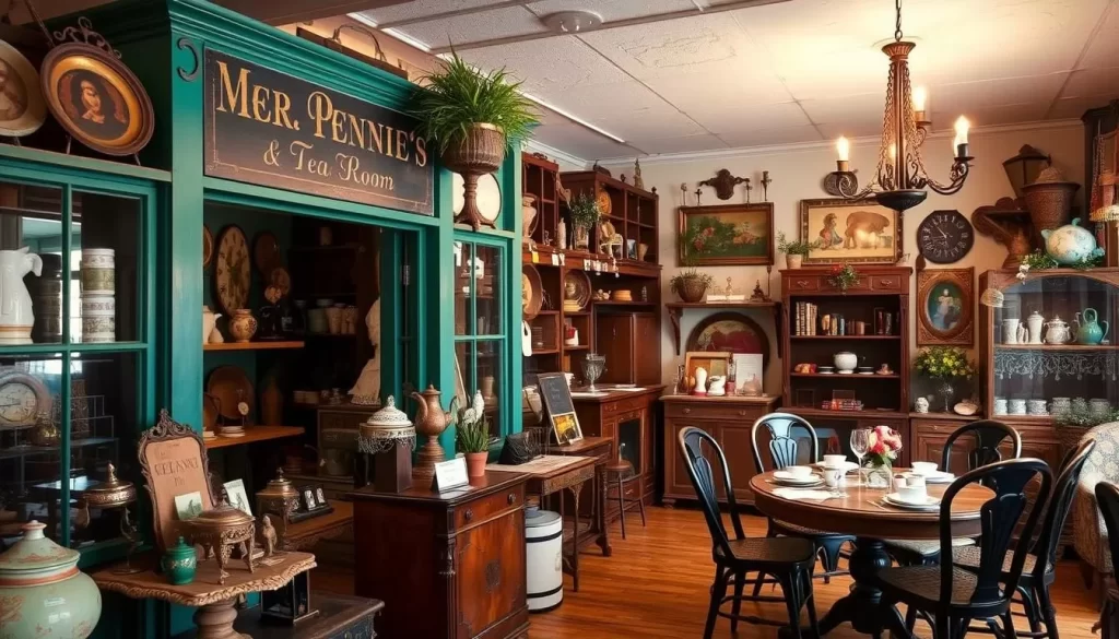 An image of Merri Pennie's Mercantile and Tea Room, showcasing its antique store and charming tea room atmosphere.