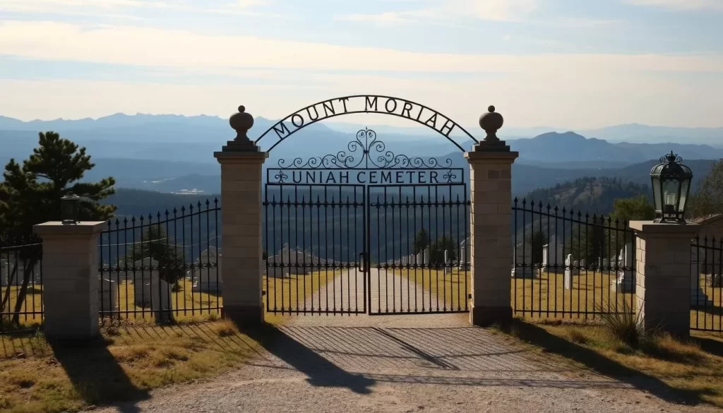An image of Mount Moriah Cemetery's entrance, with a scenic view of the Black Hills in the background.