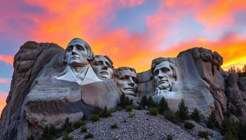 An image of Mount Rushmore National Memorial at sunrise or sunset to showcase its majestic beauty.
