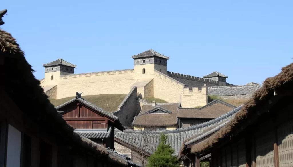 An image of Naganeupseong Walled Town's ancient fortress walls and traditional thatched-roof houses.