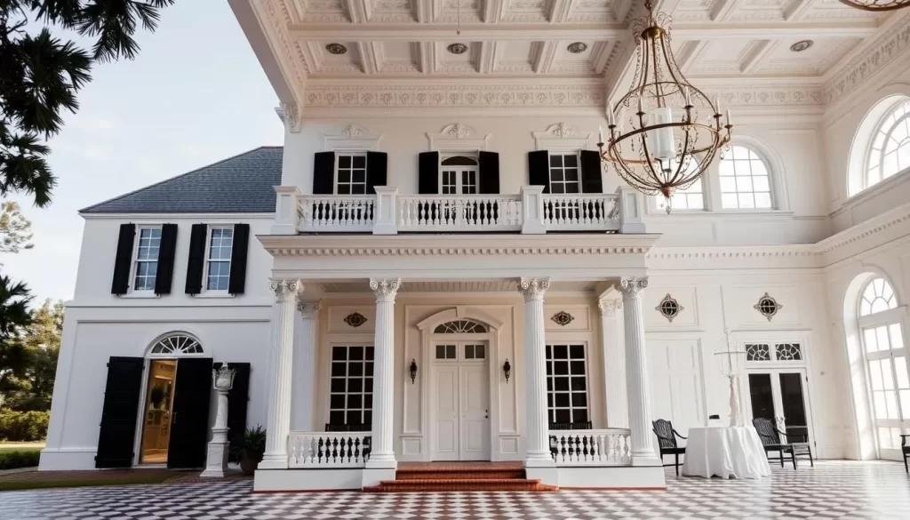 An image of Nottoway Plantation's grand facade and its White Ballroom interior.