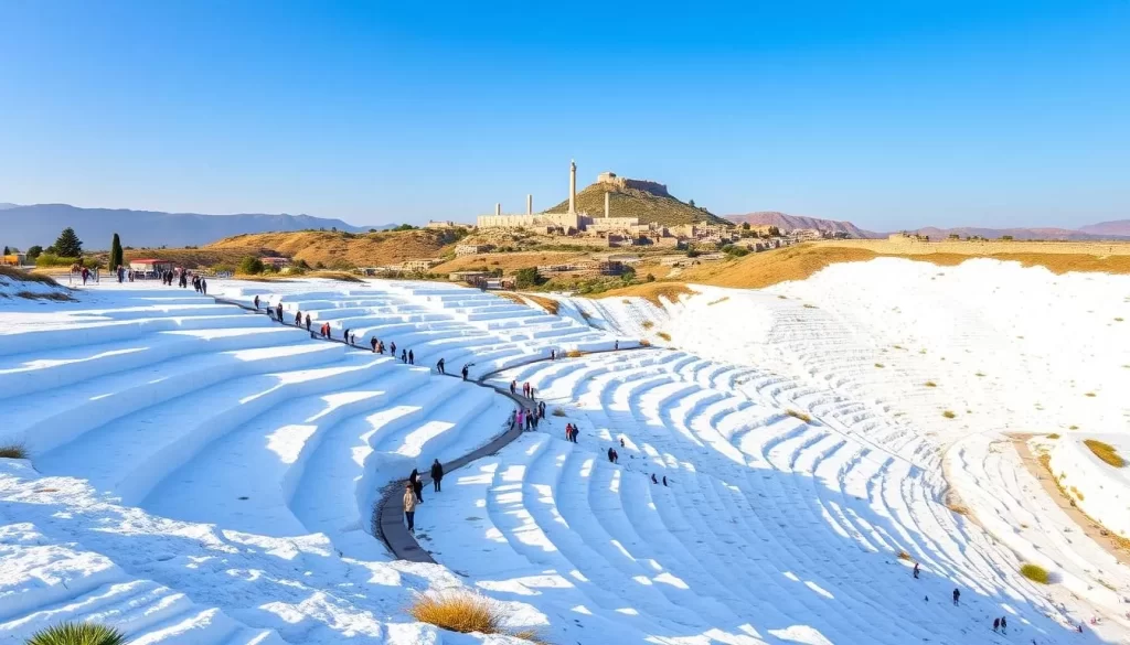 An image of Pamukkale's white travertine terraces, with people walking on the terraces and the ancient city of Hierapolis in the background.