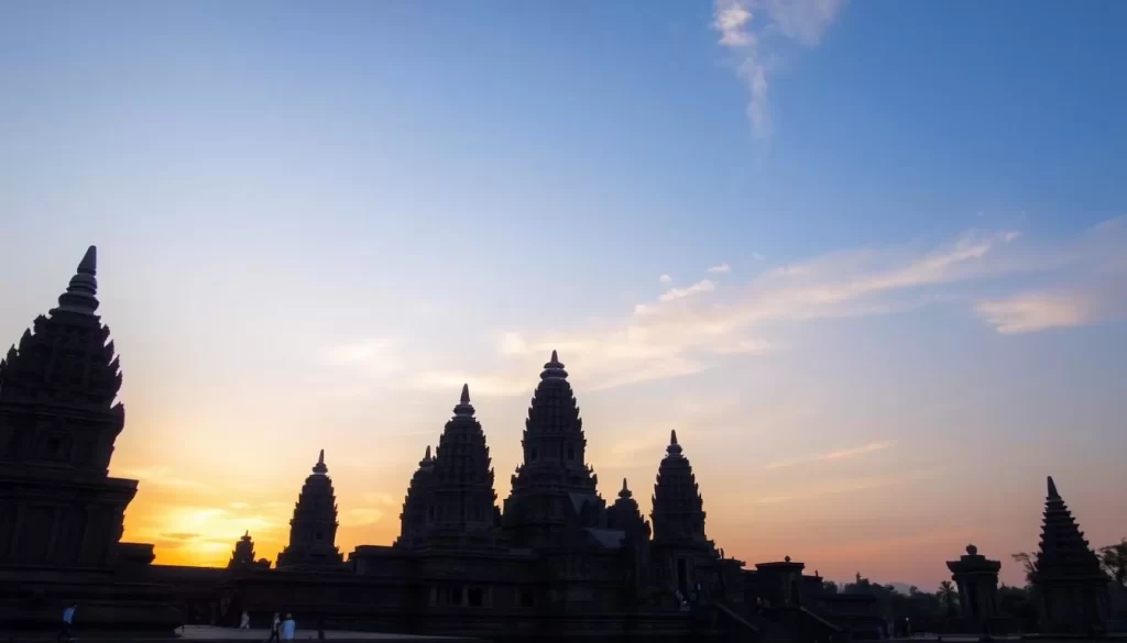 An image of Prambanan Temple at sunrise, with its towering spires and intricate carvings.