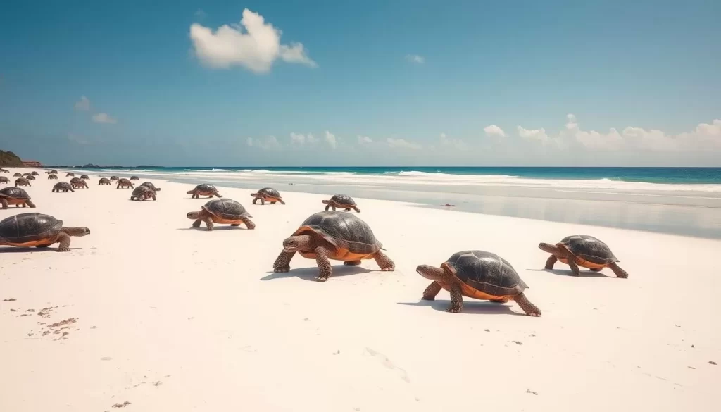 An image of Prison Island with giant tortoises roaming freely on its white sandy beaches.
