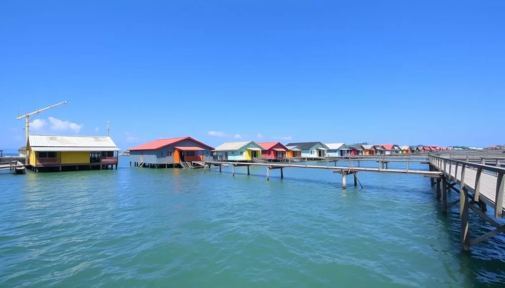 An image of Pulau Ketam with its floating houses and wooden plank bridges