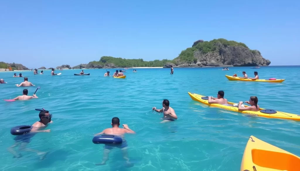 An image of Rawa Island during the dry season, with people enjoying water activities.