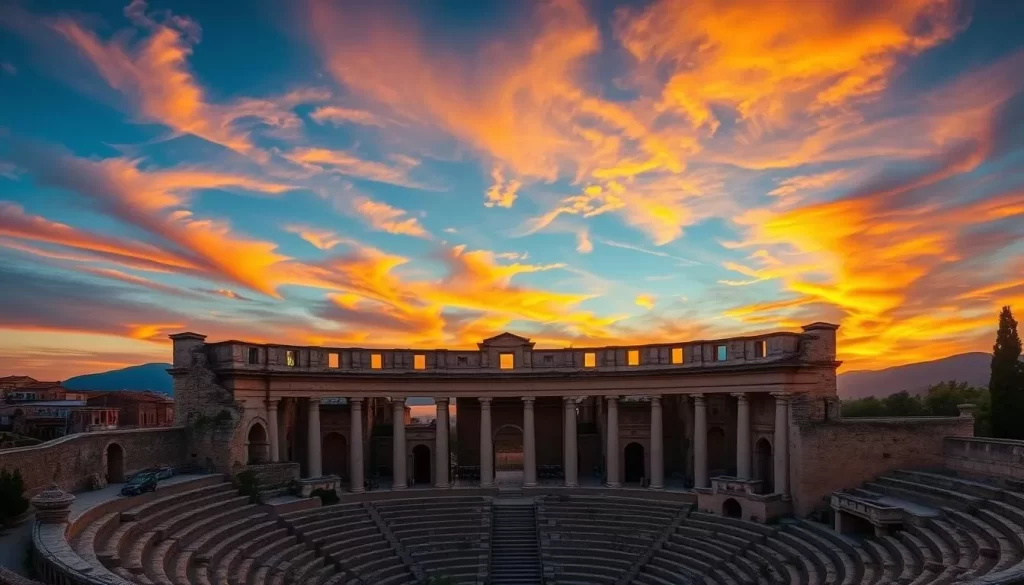 An image of Side's Roman Theater at sunset