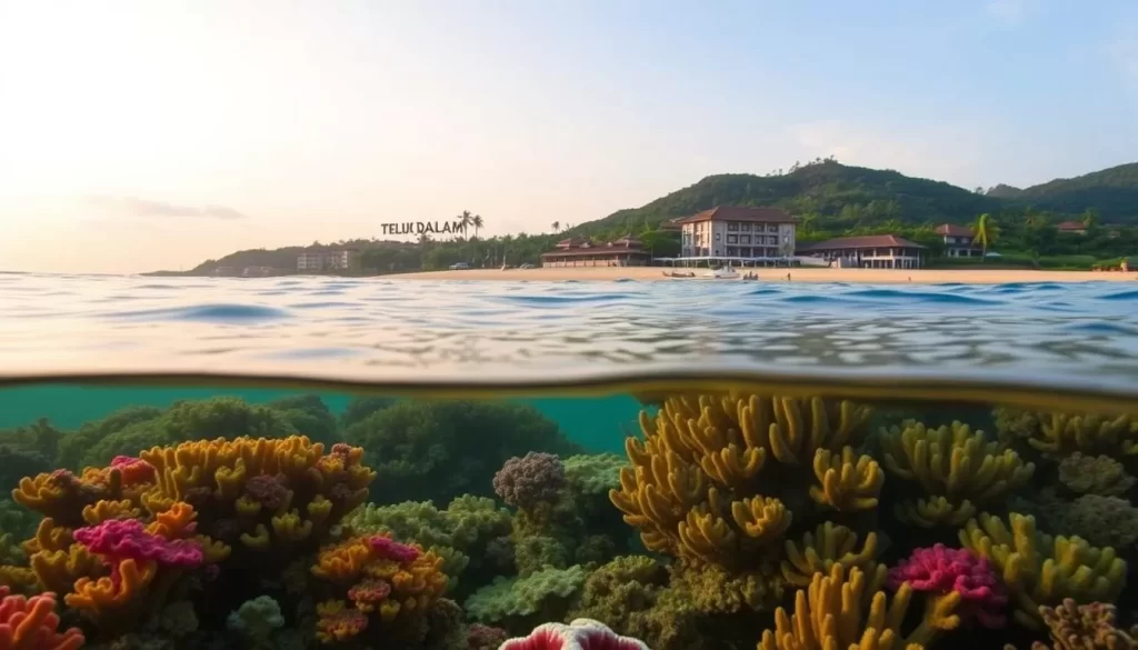 An image of Teluk Dalam Beach with the Taaras Resort in the background and coral reefs in the foreground.